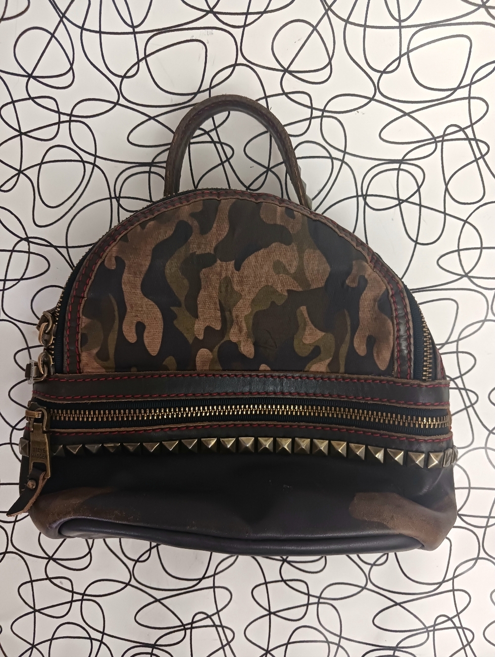 Steve Madden Studded Bag with Camoflage Print and Red Stitching
